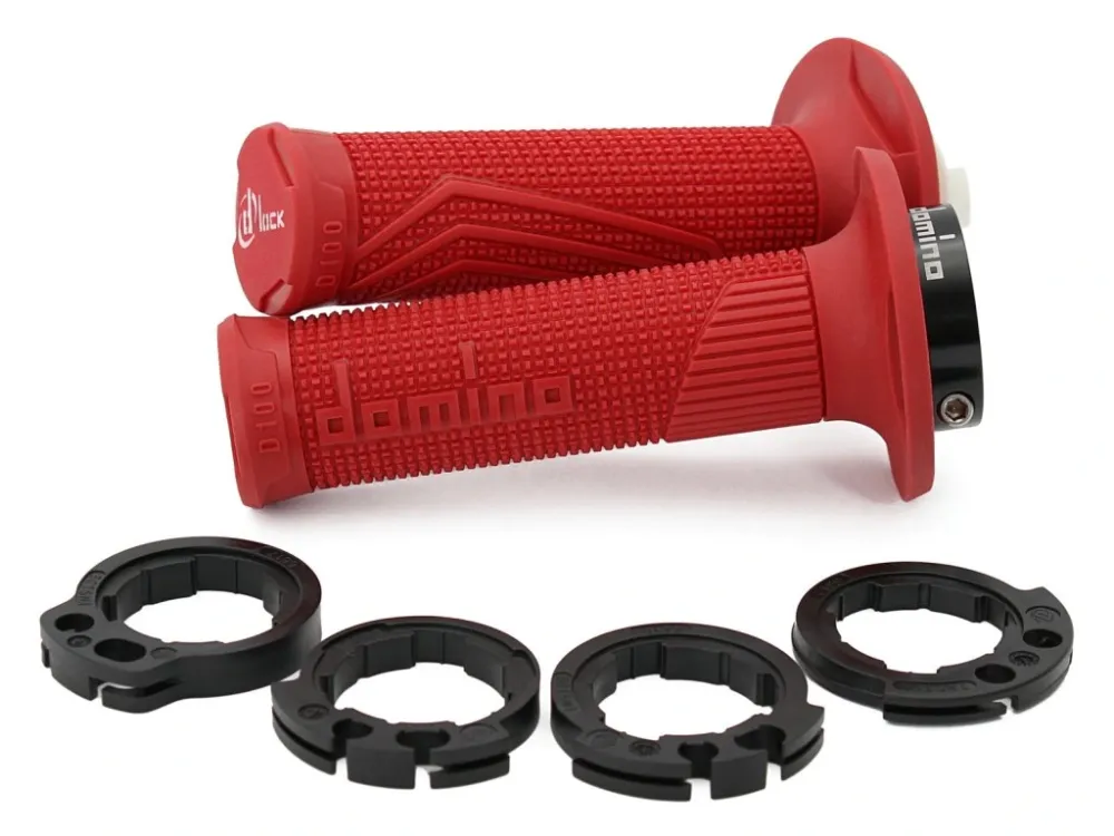 Sezónní Sleva Gripy LOCK-ON D100 (offroad) délka 125/130 mm (4 vačky), DOMINO (červené)